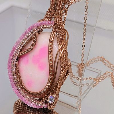 White Jade Pendant with Pink Dye and Seed Beads