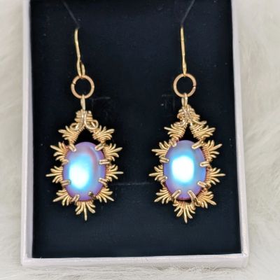Wire Wrapped Ethereal Effect Moonstone Earrings - Purple/Blue Snowflake