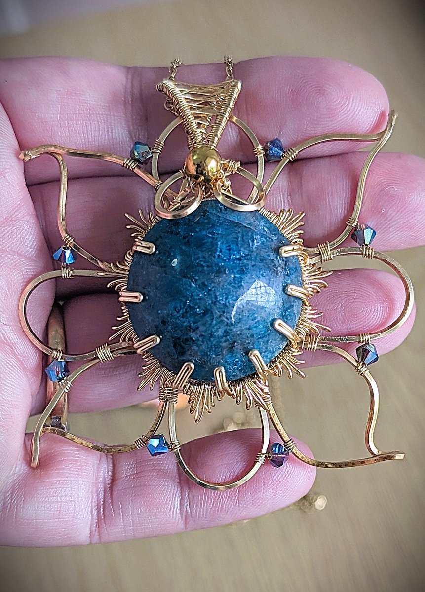 Blue Apatite pendant - Sunshine Flower Pendant with Handcut Blue Apatite by Loutan Beauty