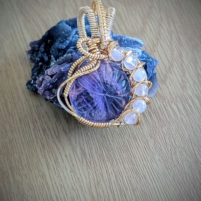 Amethyst Pendant with Rose Quartz Beads and Gold Plated Wire