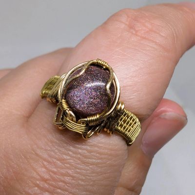 Rainbow Pink Sparkly Cabachon Ring - Handcrafted - Wire Wrapped