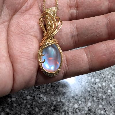 Moonstone and glass pendant - Glass Moonstone Cabachon Wire Wrap Pendant  by Loutan Beauty
