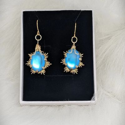 Wire Wrapped Ethereal Effect Moonstone Earrings - Blue Snowflake