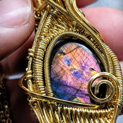 Rainbow Labradorite Pendant in Gold Plated Copper Wire