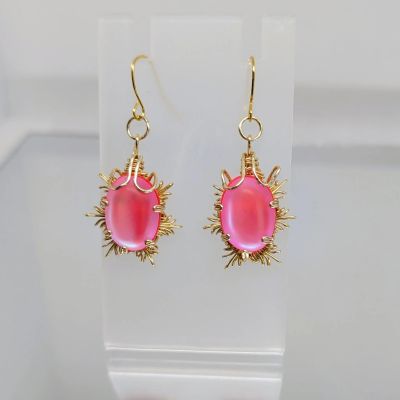 Wire Wrapped Ethereal Effect Moonstone Earrings - Pink Snowflake - Small and Large