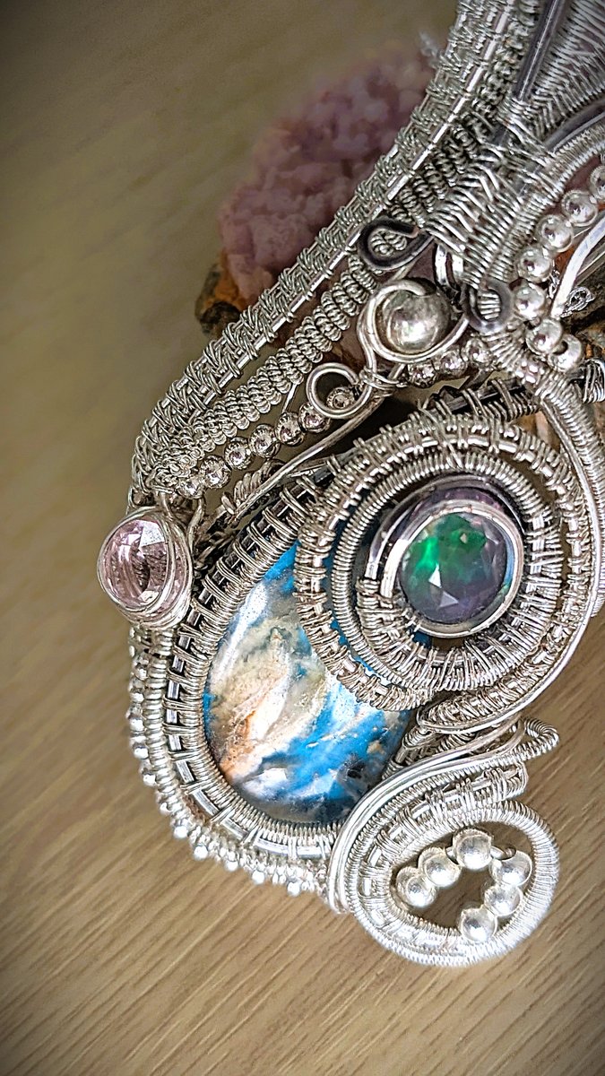 Lab Opal and Cubic Zirconia pendant - Large Pendant with Lab Fire Opal, Pink Cubic Zirconia and Blue Plume Agate Triplet by Loutan Beauty