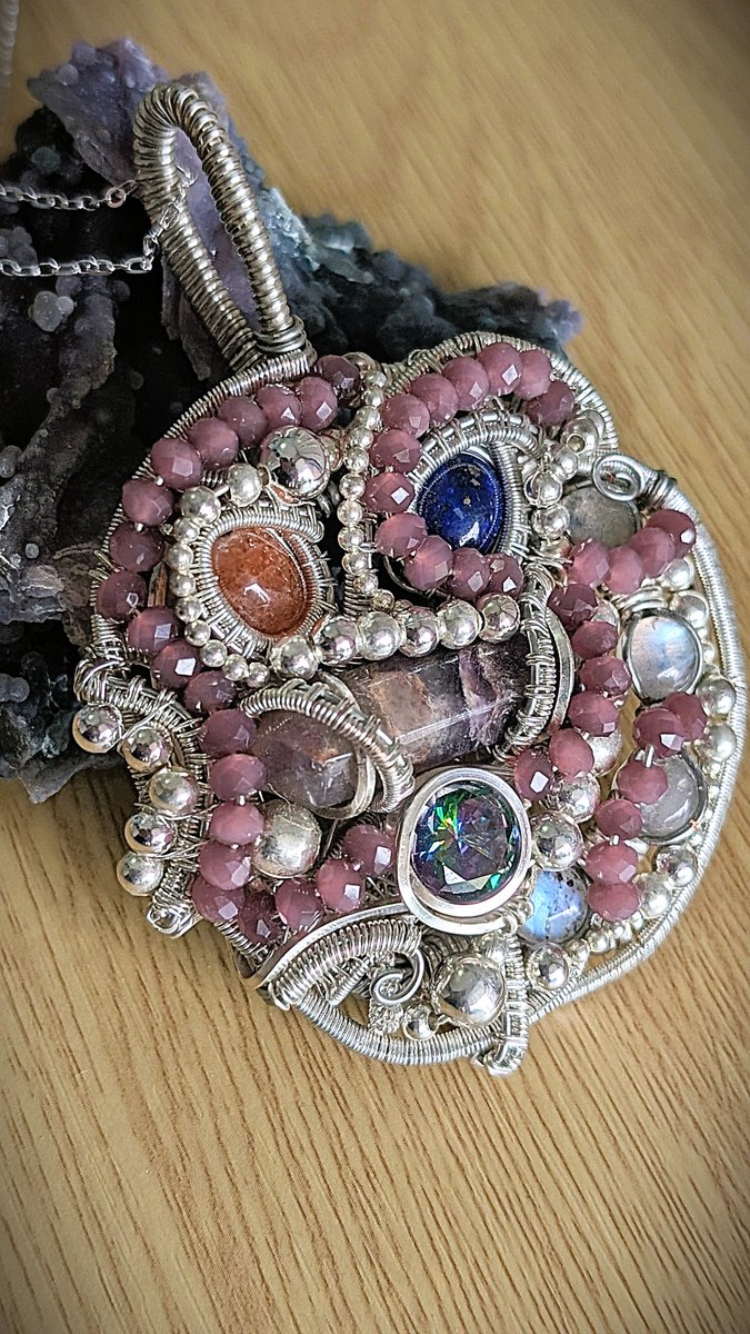 Amethyst and Moonstone pendant - Large Pendant with Sunstone, Mystic Topaz, Lapis Lazuli, Amethyst and Moonstones by Loutan Beauty