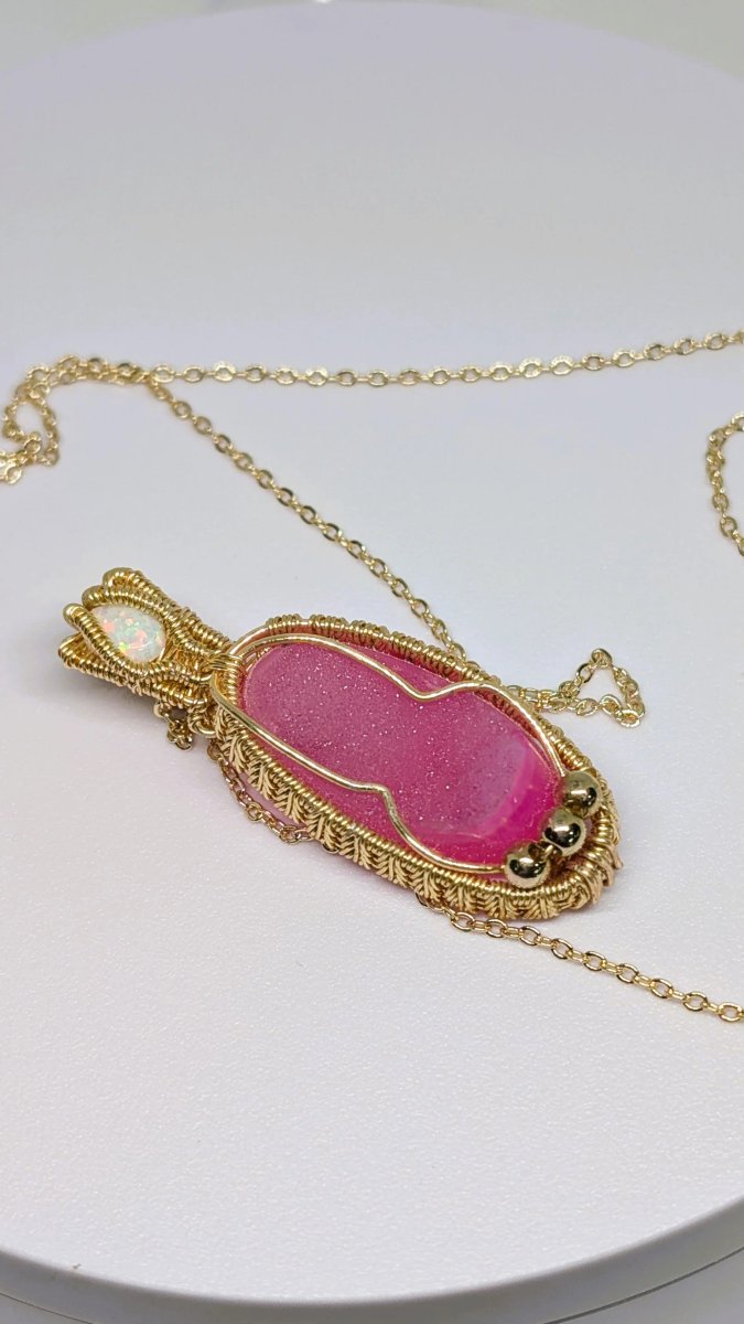 Opal and Crystal pendant - Pink Druzy Crystal and Ethiopian Opal Pendant by Loutan Beauty