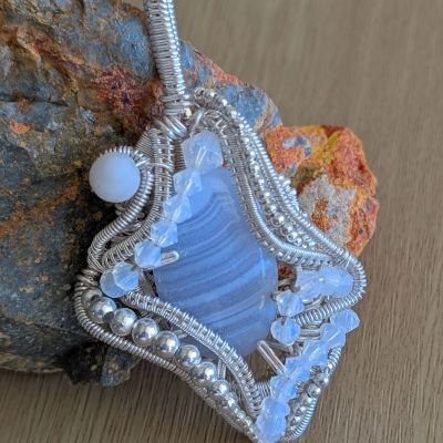 Blue Lace Agate, Crystal and Silver Pendant