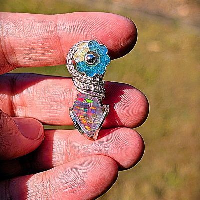 Aurora Fire Opal and Flower Crystal - Silver Plated Wire Pendant