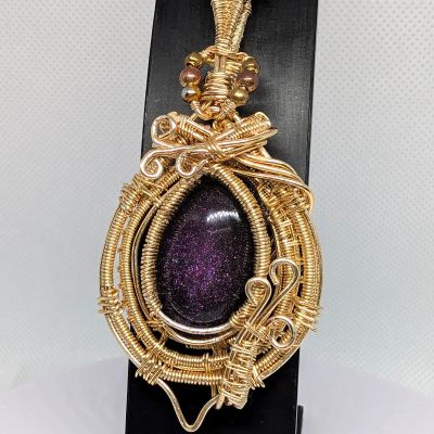 Wire Wrapped Purple Glitter Pendant - 14K Gold-Plated Copper Wire