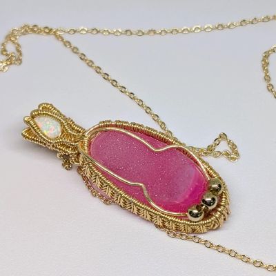 Pink Druzy Crystal and Ethiopian Opal Pendant