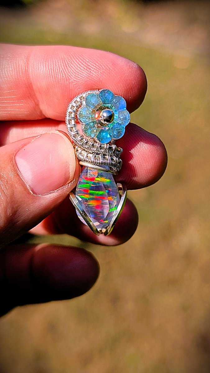 Fire Opal and Swarovski pendant - Aurora Fire Opal and Flower Crystal Pendant by Loutan Beauty