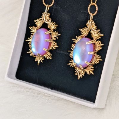 Moonstone earrings - Wire Wrapped Ethereal Effect Moonstone Earrings - Purple/Blue Snowflake by Loutan Beauty