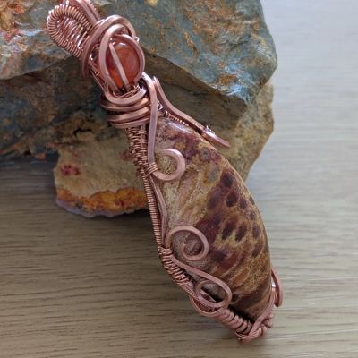 Fossilised Red Coral Pendant with Amber and Tarnish Resistant Copper Wire